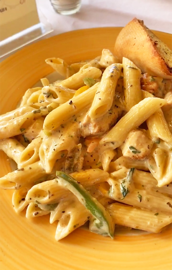 Chicken pasta from Andy's Restaurant, kid-friendly, Anguilla lunch, Anguilla dinner, chicken pasta