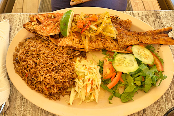 Grilled Snapper with Rice & Peas Anguilla restaurant, Johnno's