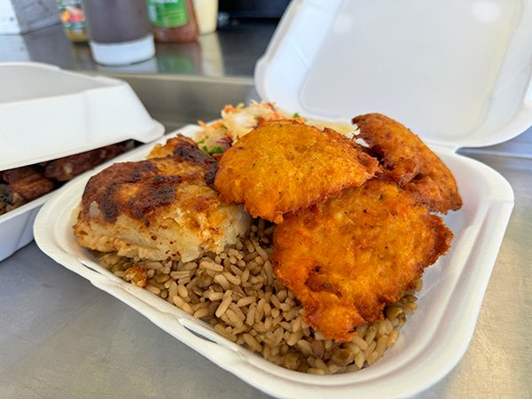 Fish Cakes with Sides at Eat Slow Feed Long BBQ