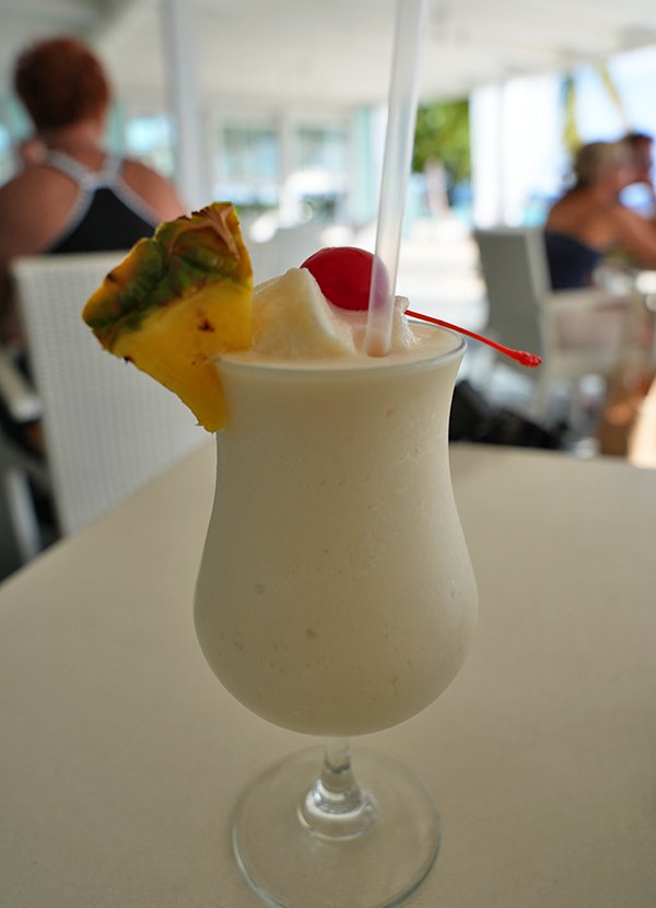 Piña Colada at Tasty's Beach Club on Rendezvous Bay