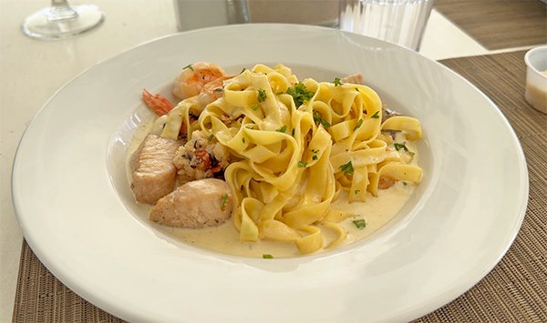 Seafood Fettuccine Pasta at Tasty's Beach Club on Rendezvous Bay