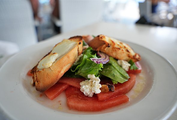 Watermelon Carpaccio Salad at Tasty's Beach Club on Rendezvous Bay